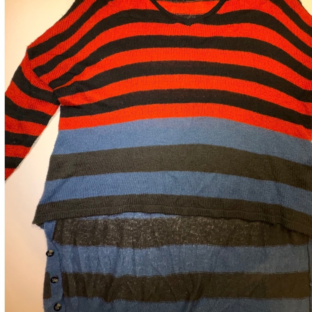 Cecico Womens Striped Colorblock Sweater Red Blue Black Side Button High Low L